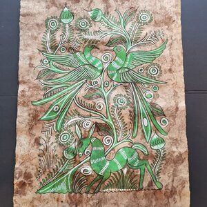 Burro & Birds Bold Amate Mexican Folk Art Bark Painting 16x24 Vintage Donkey